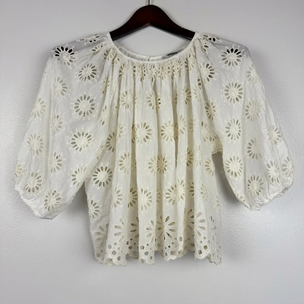 Madewell Embroidered Floral Cutouts Shirred Puff-Sleeve Top Cream Size XXS NWT